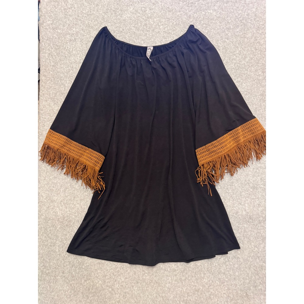 2B Together Black Off Shoulder Fringe Bell Sleeve Tunic Mini Dress Womens Medium